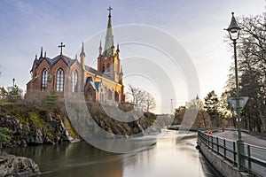 Majestic fashioned Gothic Revival Church, Trollhattan Church on sunset