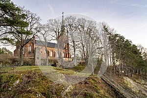 Majestic fashioned Gothic Revival Church, Trollhattan Church on sunset