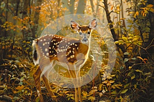 Majestic Fawn Standing Alert in Golden Autumn Forest, Dappled Light Shining Through Trees on Tranquil Woodland Creature