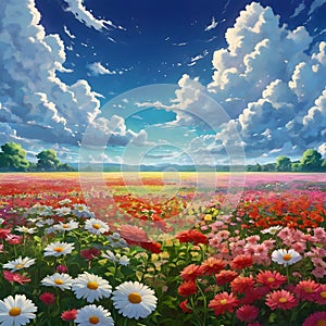 Majestic Field and Flower Gardens Under Cloud-Filled Sky - Vector Art photo