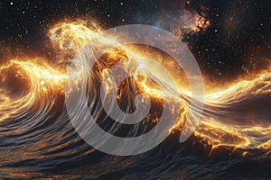 Majestic fiery waves crashing under a starry night sky in a surreal cosmic setting