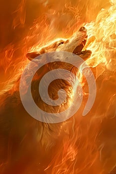 Majestic Fire Wolf Howling Amidst Blazing Flames, Fantasy Creature in Fiery Environment, Mythical Wolf Spirit Summoning Fire photo