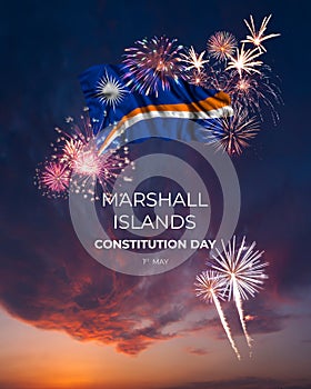 Majestic fireworks and flag of Marshall Islands on National holiday