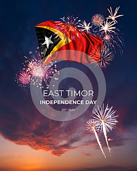 Majestic fireworks and flag of on National holiday East Timor