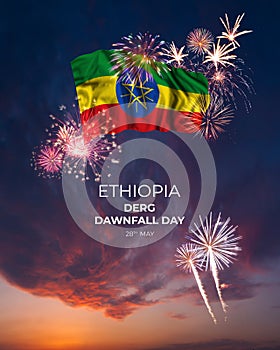 Majestic fireworks and flag of on National holiday Ethiopia