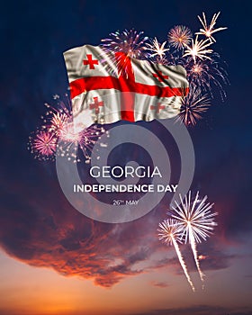 Majestic fireworks and flag of on National holiday Georgia