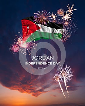 Majestic fireworks and flag of on National holiday Jordan