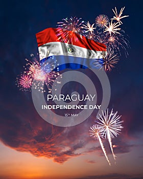 Majestic fireworks and flag of on National holiday Paraguay