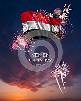 Majestic fireworks and flag of on National holiday Yemen