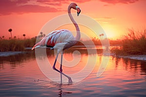 Majestic Flamingo at Sunset Graceful in Tranquil Waters