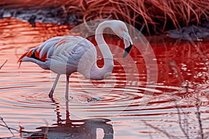 Majestic Flamingo Wading in a Serene Reddish Water Pond at Sunset with Reflections and Natural Vegetation Background