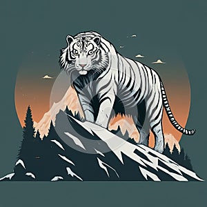 a majestic flat logo of a white tiger standing on a snowy mountain peak, symbolizing strength and resilience. ai generative