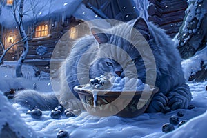 Majestic Fluffy Grey Cat Enjoying a Bowl of Milk in Enchanted Winter Wonderland