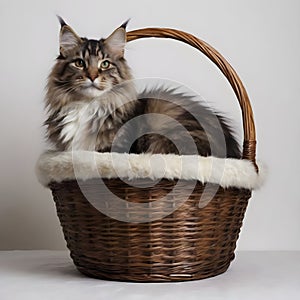 Majestic Fluffy mainecoon Cat Sitting Serenely Inside a Wicker Basket