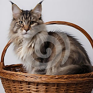 Majestic Fluffy mainecoon Cat Sitting Serenely Inside a Wicker Basket