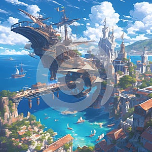 Majestic Flying Galleon over Floating Cityscape