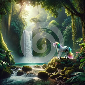 Majestic Forest Oasis: AI-Generated Unicorn Amidst Waterfall Serenity