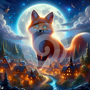 A majestic fox in a breathtaking village, againts a moonlit night, beautiful sky and clouds, stars, digital painting art, fantasy