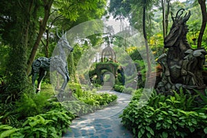 majestic garden, filled with towering trees and magical creatures, straight out of a fairy tale