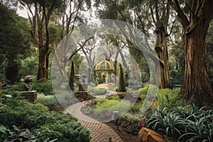 majestic garden, filled with towering trees and magical creatures, straight out of a fairy tale