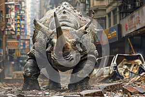 Majestic Giant Rhino Roaming Through Urban Wasteland, Post Apocalyptic Cityscape with Surreal Beast, Fantasy Wildlife in Human