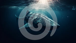 Majestic giant whale shark swimming in dark, underwater reef generated by AI