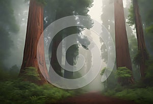 Majestic Giants: Giant Redwoods in a Misty Forest with Towering Trees