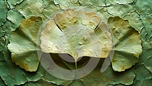 Majestic Ginkgo Biloba Leaf Resting on Textured Bark Surface photo