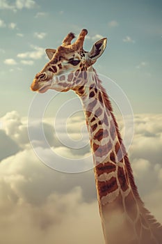 Majestic Giraffe Above Clouds with Dreamy Sky Background, Exotic Wildlife in Surreal Landscape