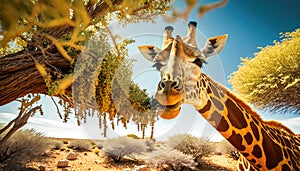 A majestic giraffe munching on leaves from an acacia tree in Africa, generative AI