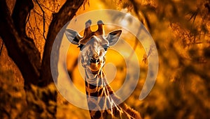 The majestic giraffe spotted head silhouetted against the African sunset generated by AI