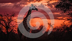 Majestic giraffe standing in silhouette at sunset on African plain generated by AI