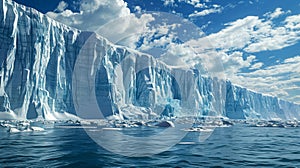 Majestic glacier and ocean level under blue sky with white clouds
