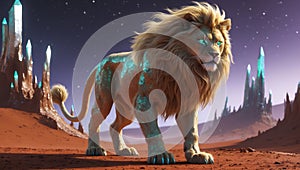 Majestic Glowing Lion in Fantasy Landscape Digital Art photo
