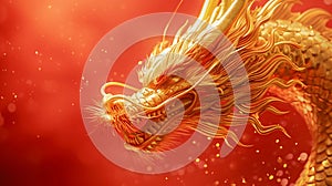 Majestic Golden Dragon Sculpture on Red Background. Generative ai
