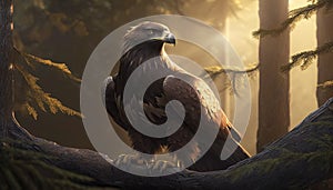 A majestic golden eagle perched on a tree branch in a forest, with a foggy background and sunlight. Generative AI