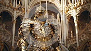 Majestic Golden Knight Armor Adorning an Ancient Castle Interior