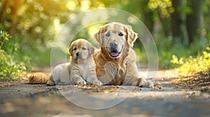 a majestic Golden Retriever dog tenderly lying beside its adorable puppy on a sunlit path within a lush summer park.