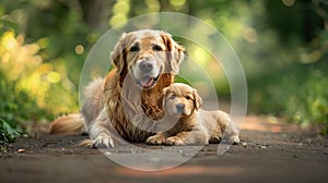 a majestic Golden Retriever dog tenderly lying beside its adorable puppy on a sunlit path within a lush summer park.