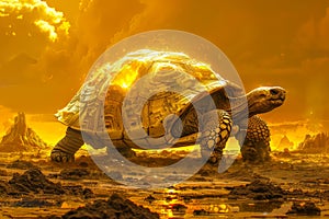 Majestic Golden Turtle in Surreal Landscape with Dramatic Sunset and Lava Streams Fantasy Wildlife Digital Art Illustration