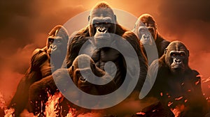 Majestic Gorillas Emerging from Fiery Mist - A Powerful Representation for Wildlife Conservation Efforts