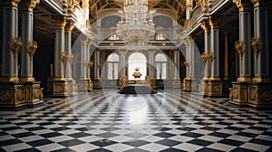 Majestic Grandeur Of A Baroque Palace With Gilded Columns And Chandeliers. Generative AI photo
