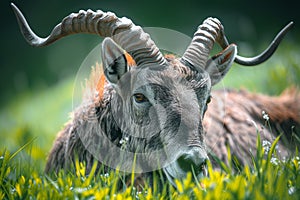 Majestic gray horned animal grazes peacefully on lush green grass