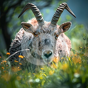 Majestic gray horned animal grazes peacefully on lush green grass