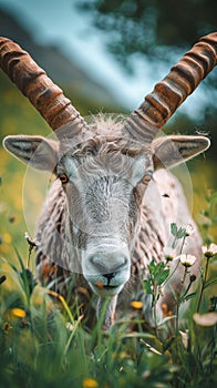 Majestic gray horned animal grazes peacefully on lush green grass