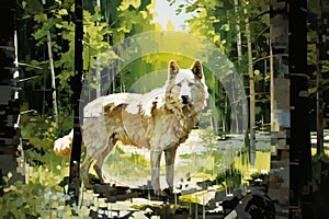 Majestic gray wolf stealthily prowling through lush and vibrant forest landscape photo