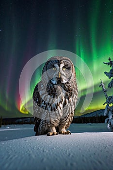 Majestic Great Grey Owl Amidst Northern Lights and Aurora Borealis