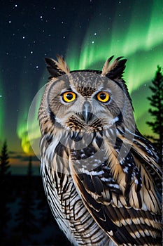Majestic Great Horned Owl Amidst Northern Lights and Aurora Borealis