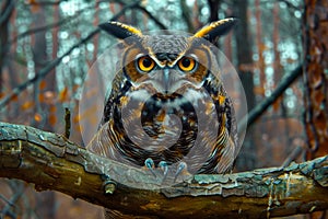 Majestic Great Horned Owl Perched on Tree Branch in Mystic Autumn Forest