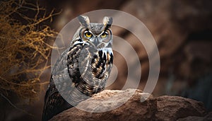 Majestic great horned owl perching on branch, staring at camera generated by AI